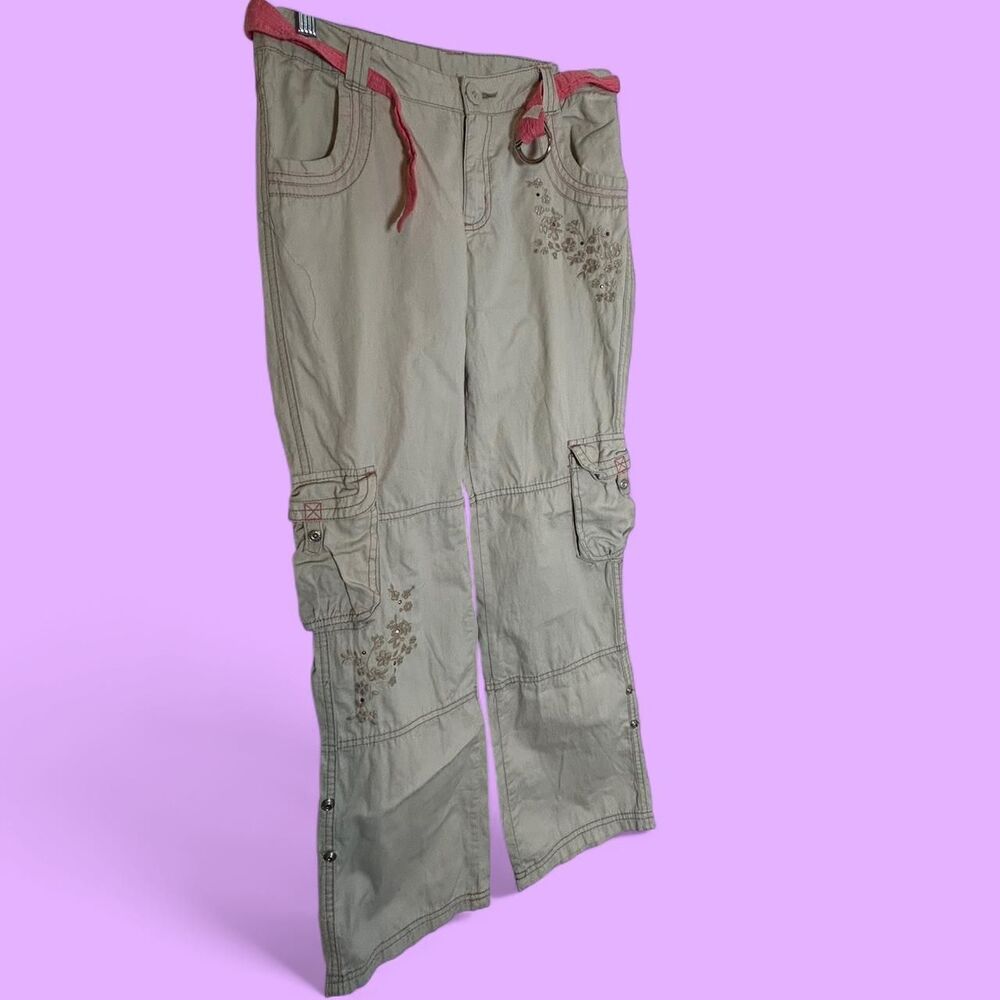 Vintage Y2K Faded-glory Women/kids Khaki Cargo Pants w Pink Belt and Rhiestones